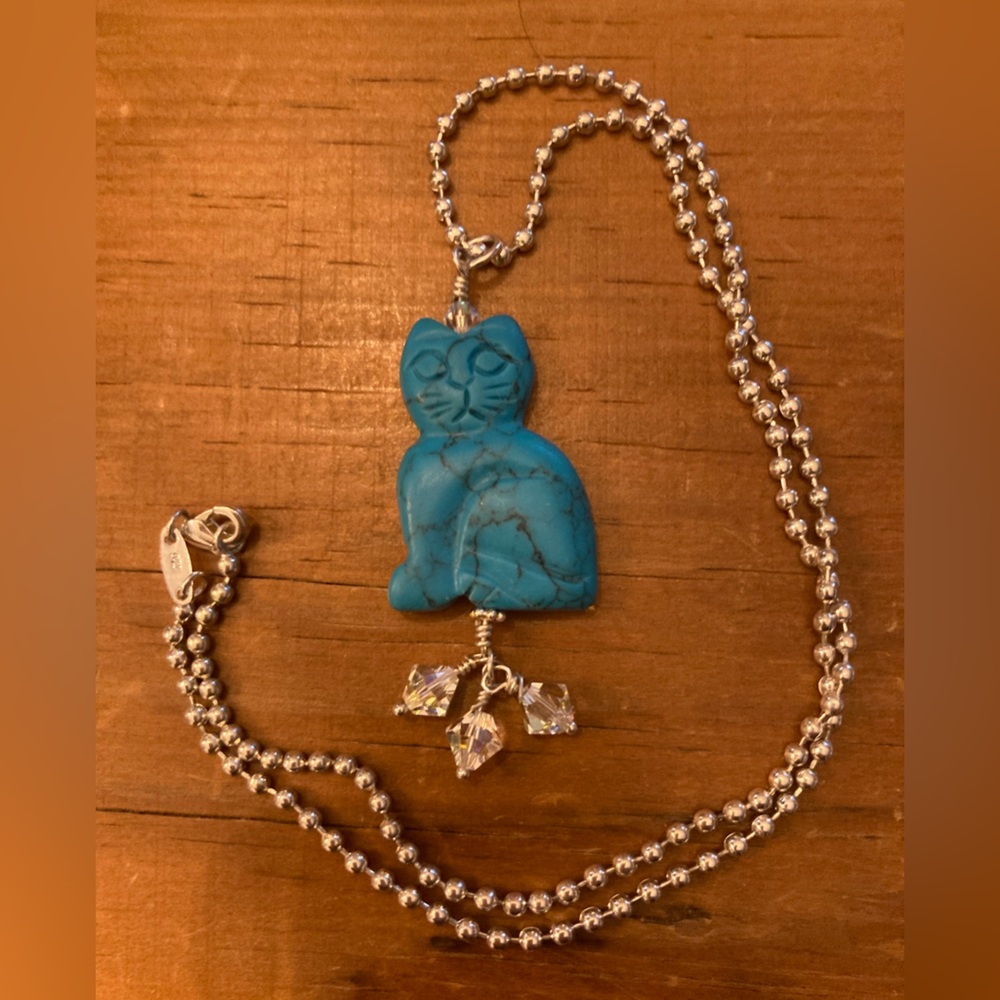 CAT LADY Jewelry Necklace Pendant with 18” SP ball chain Handmade w/ cry…